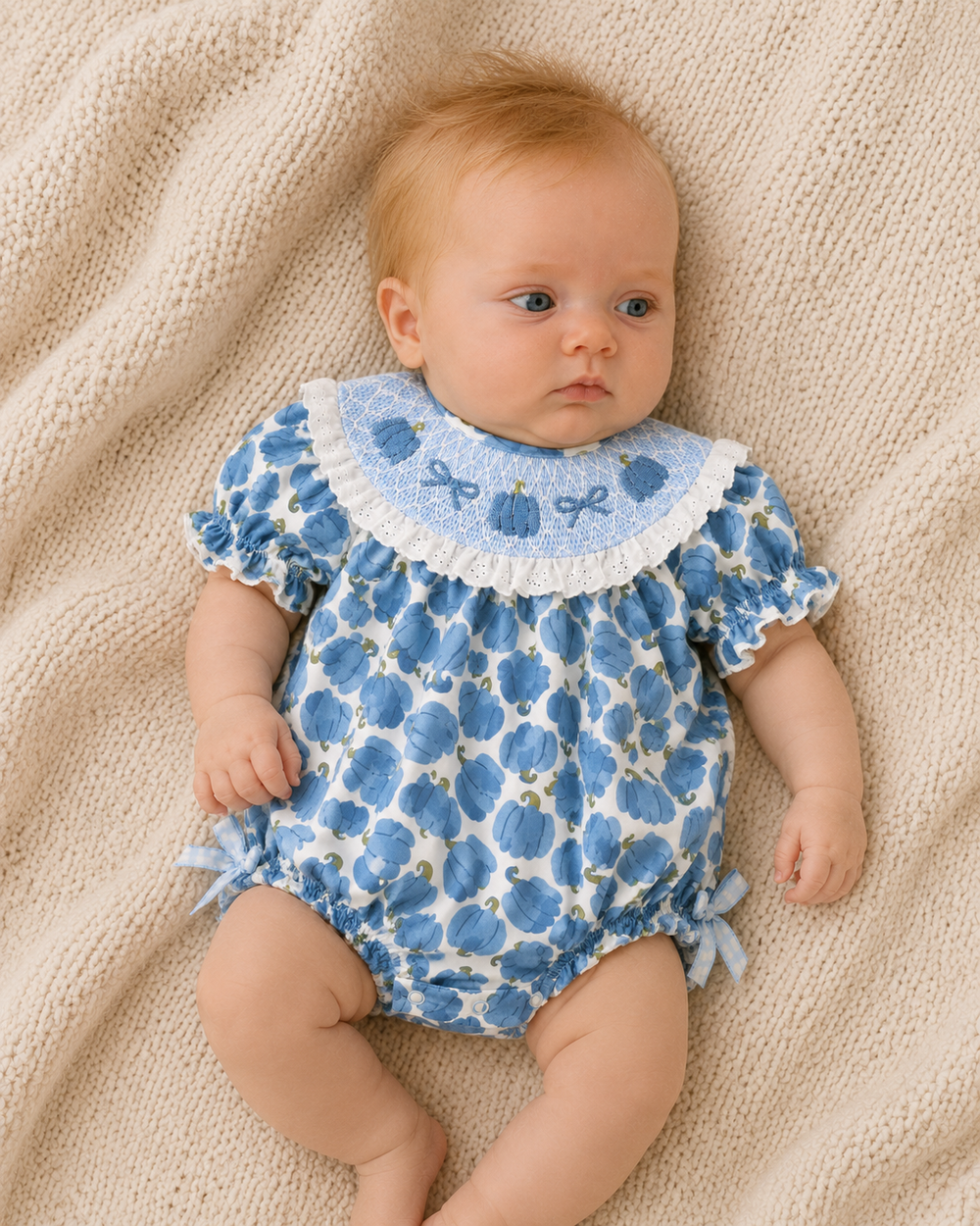 Light blue pumpkin-themed bubble romper on baby with ruffled white collar and short sleeves