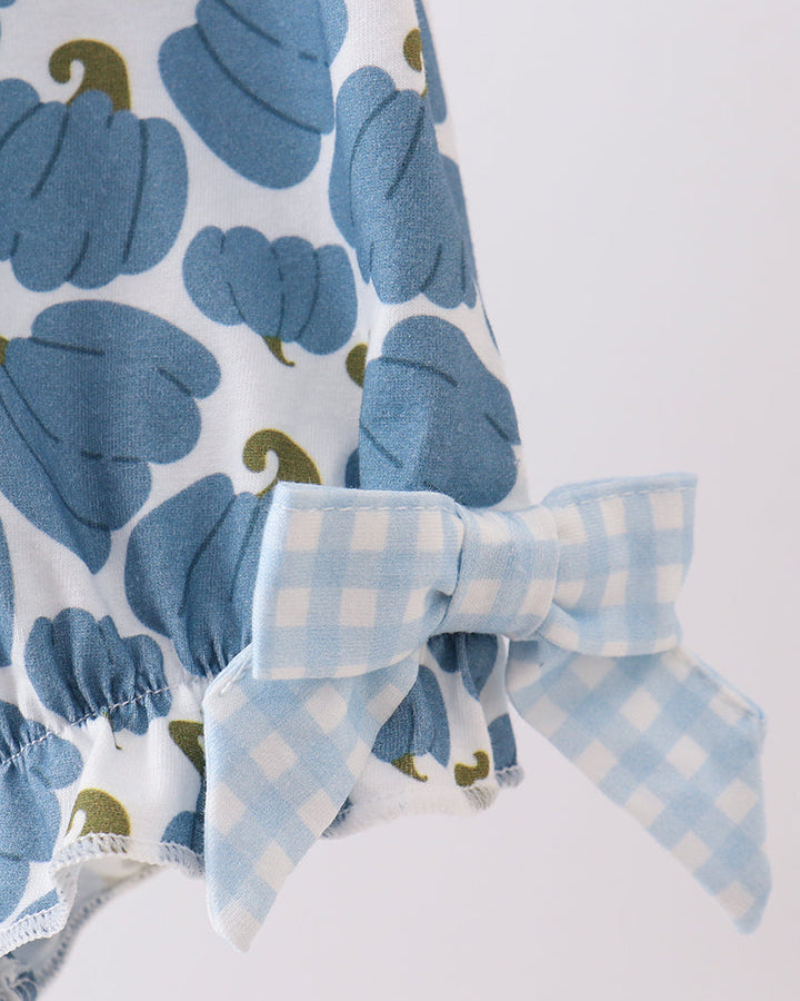 Light blue pumpkin romper back with white eyelet trim and light blue gingham bow