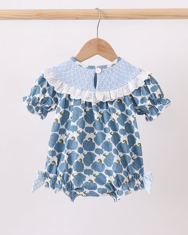 Light blue pumpkin-themed romper with ruffled white collar, short sleeves, and gathered legs