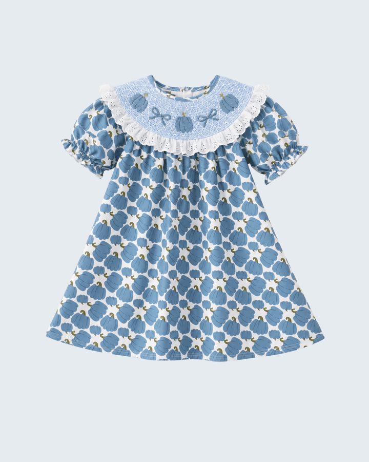 Blue pumpkin print smocked dress with white lace collar and puff sleeves