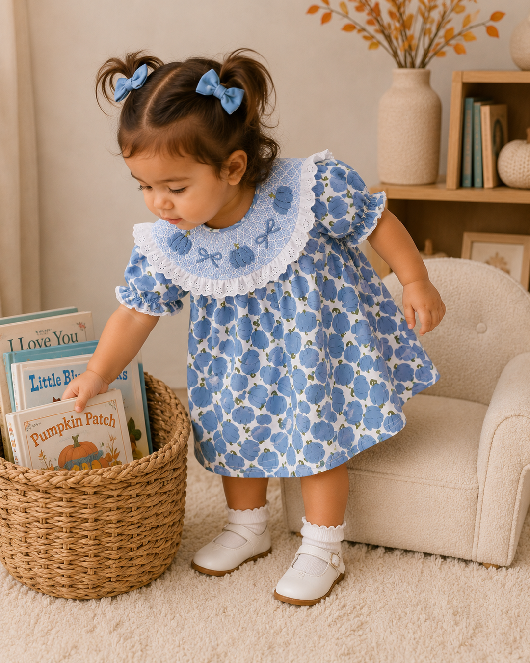 Blue pumpkin print toddler dress with lace ruffle collar and white eyelet trim