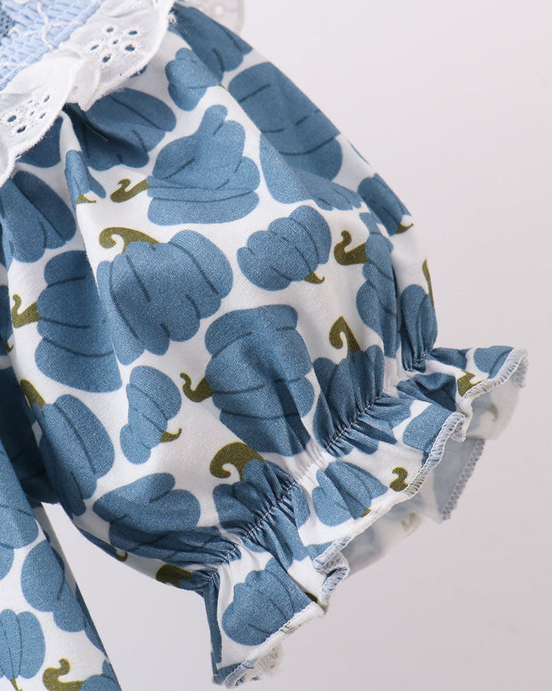 Blue pumpkin print dress sleeve with ruffled lace cuff and gathered hem