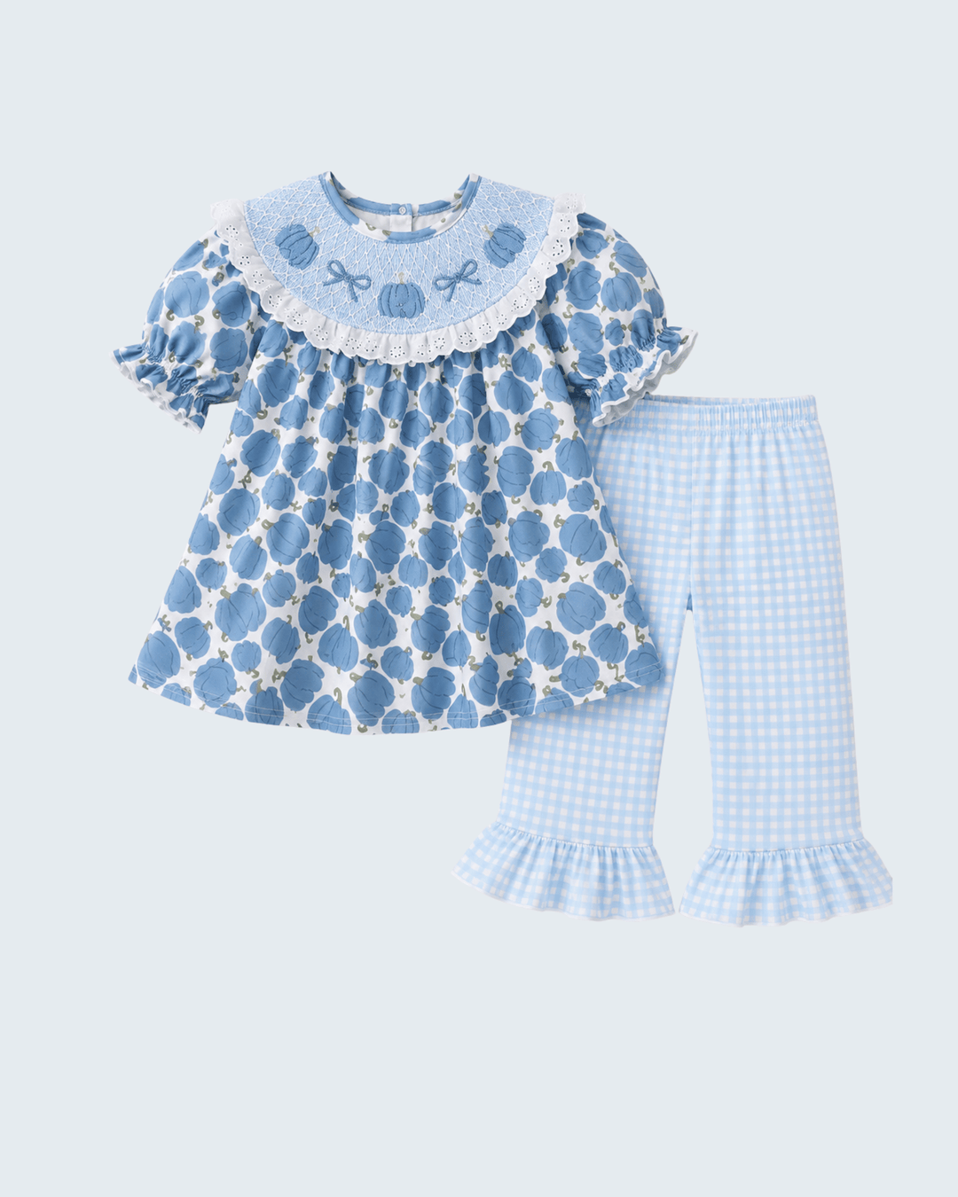 Blue pumpkin-print ruffle top with lace collar and matching light blue gingham pants