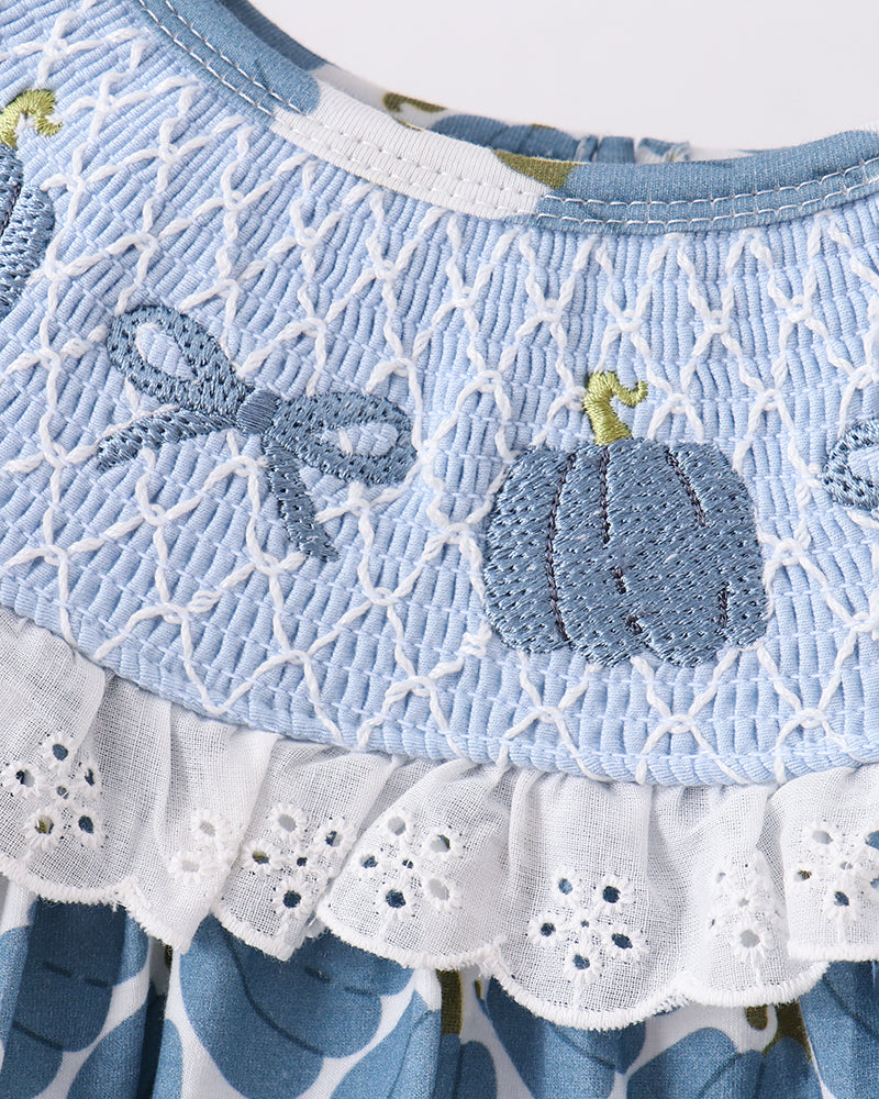 Blue pumpkin smocked ruffle pants with embroidered pumpkin and white eyelet ruffle