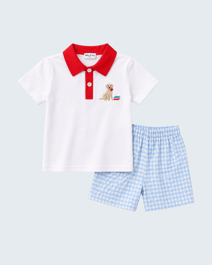 Kids polo set: white shirt with red collar &amp; puppy embroidery, blue check shorts
