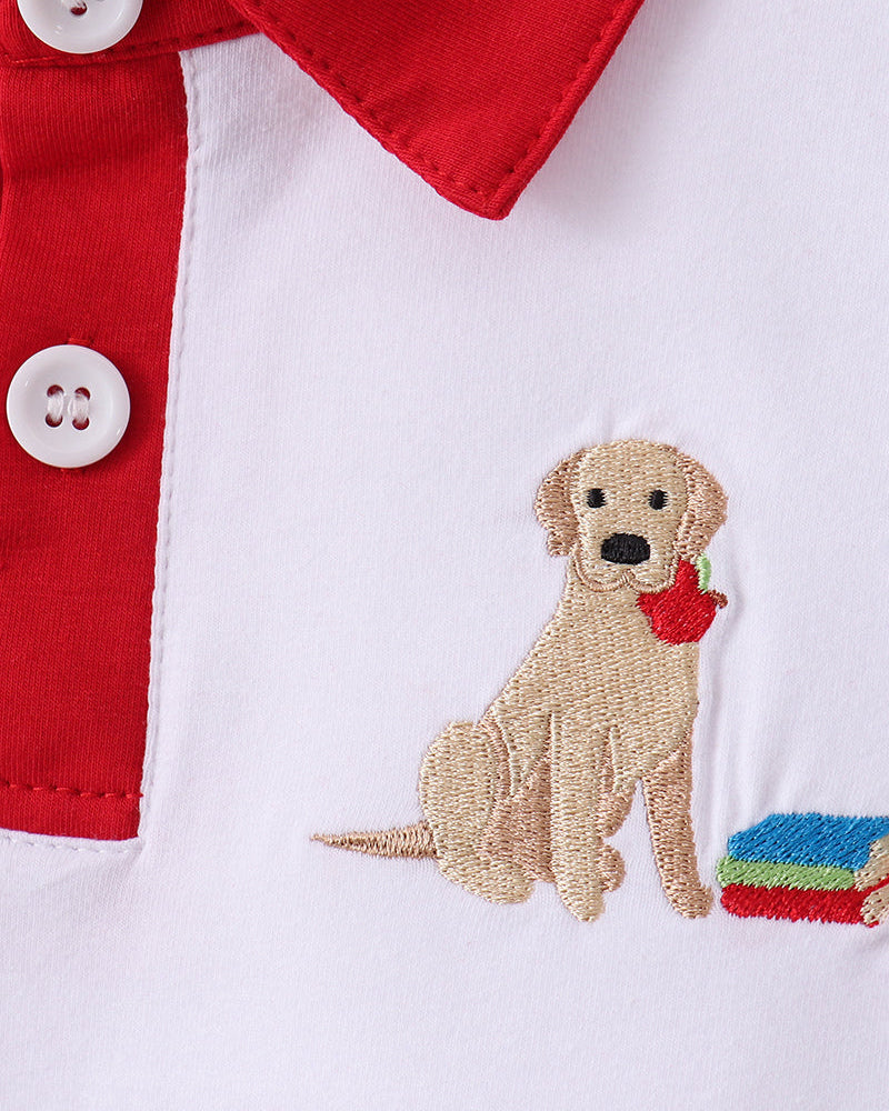 Boys white shirt with red placket, button front and puppy with heart embroidery