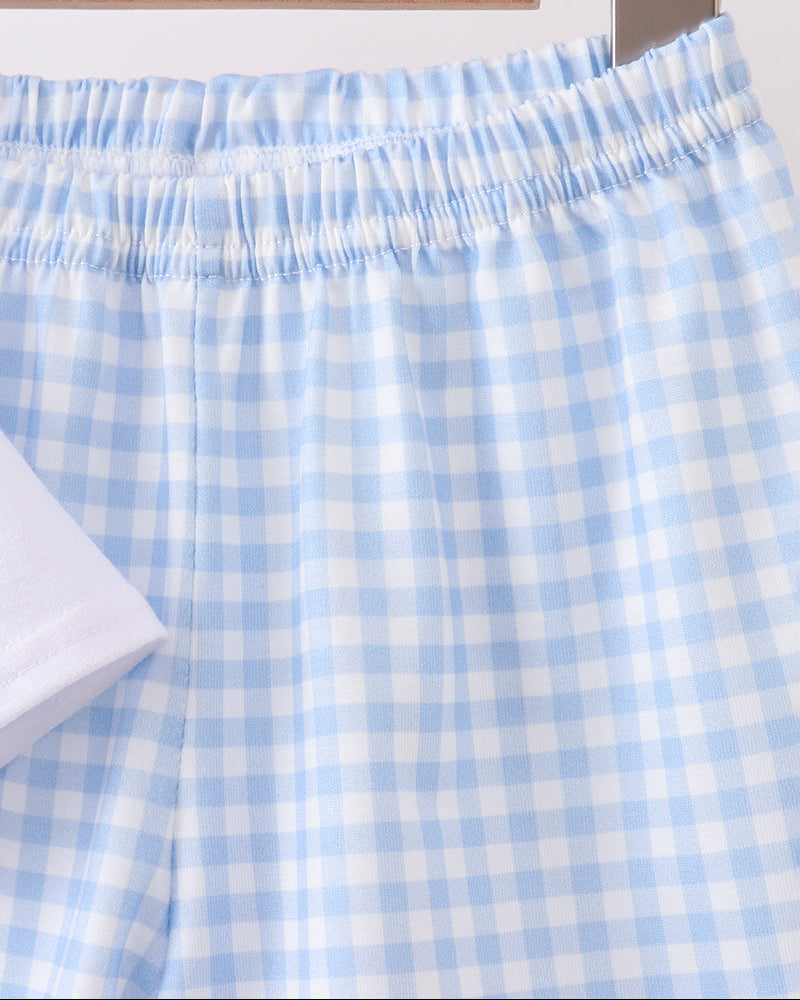 Blue and white gingham shorts with elastic waistband and gathered waist