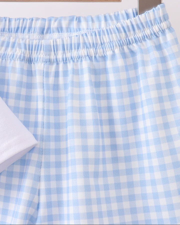 Blue and white gingham shorts with elastic waistband and gathered waist