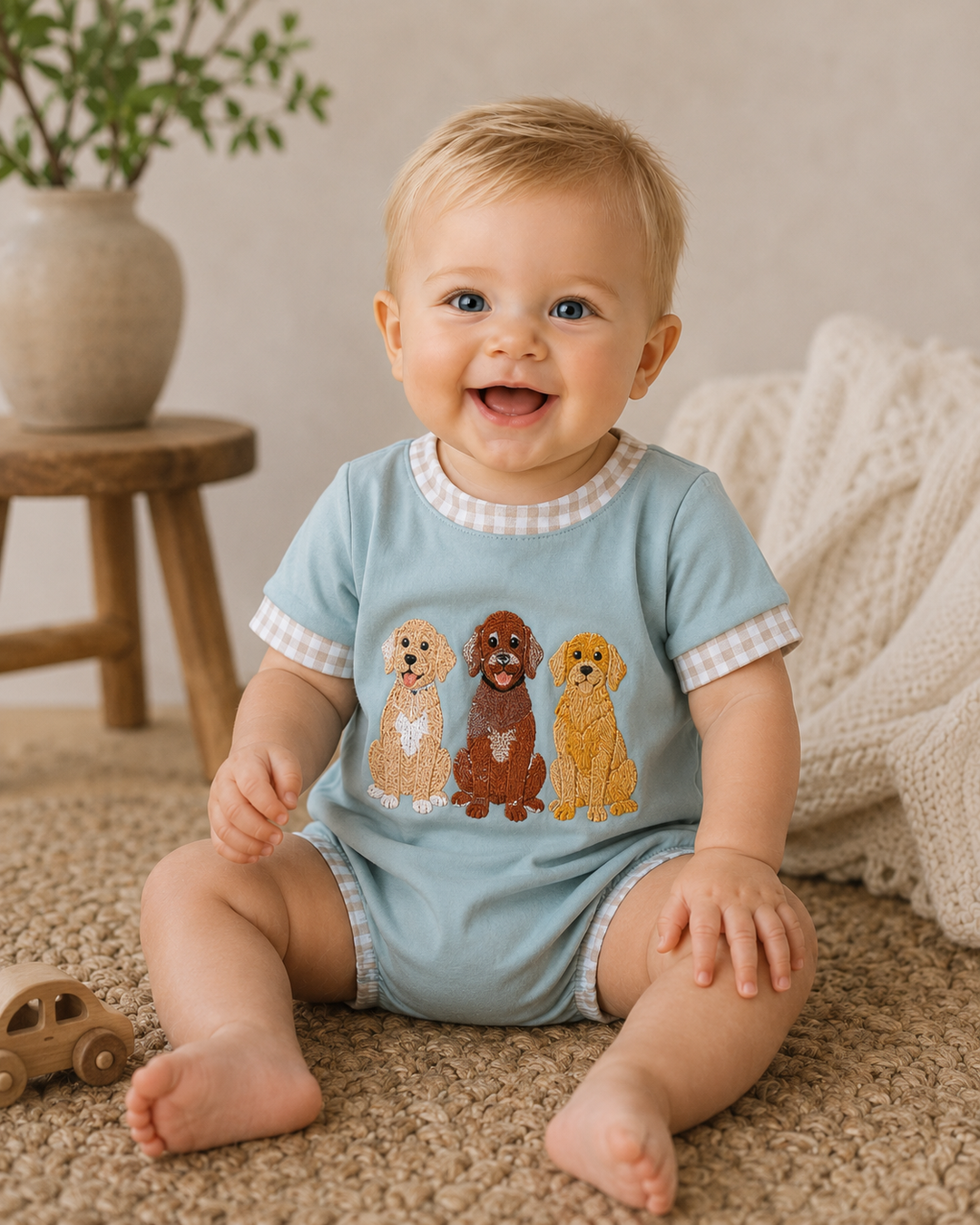 Baby wearing a light blue onesie with dog illustrations, sitting on a carpeted floor.