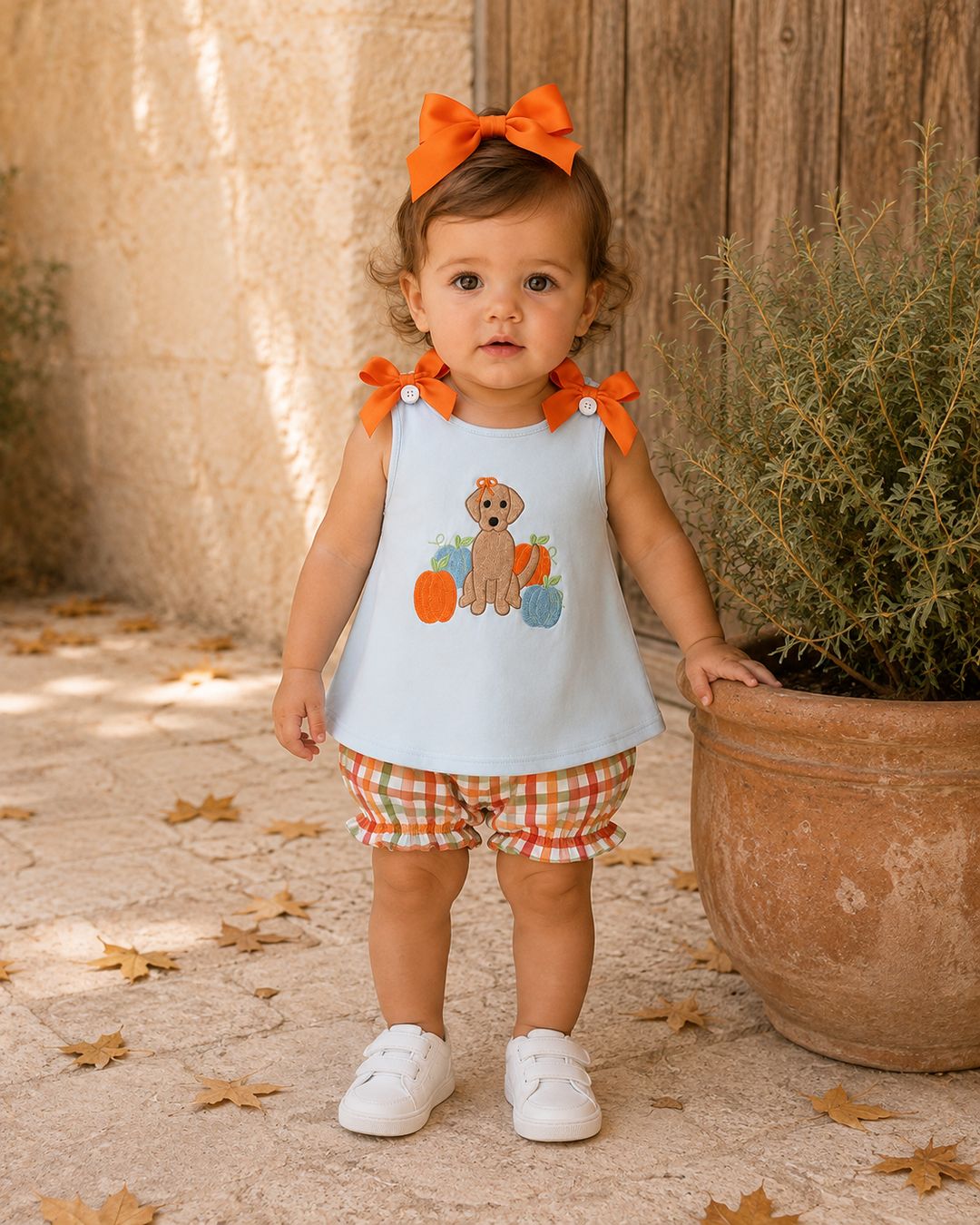 A toddler stands outdoors wearing a light blue sleeveless top with an orange pumpkin-and-dog graphic, orange bow headband, orange-and-white gingham shorts, and white sneakers.