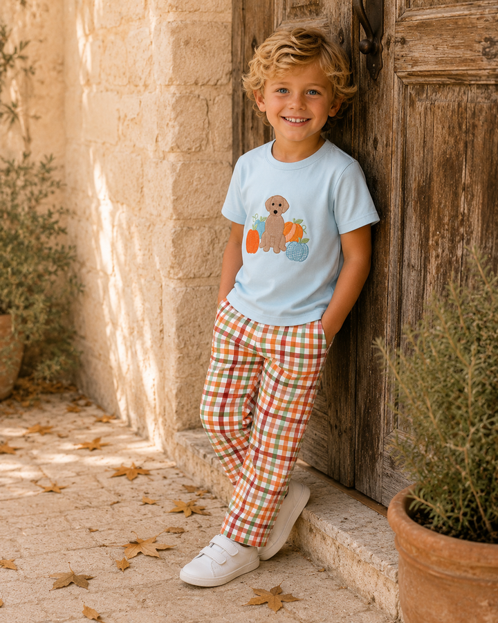 A smiling young boy with curly blond hair leans against a rustic wooden door in a sunlit stone courtyard. He is wearing a light blue short-sleeve T-shirt with a teddy bear and pumpkin graphic, paired with red, orange, and white gingham pants and white sneakers.