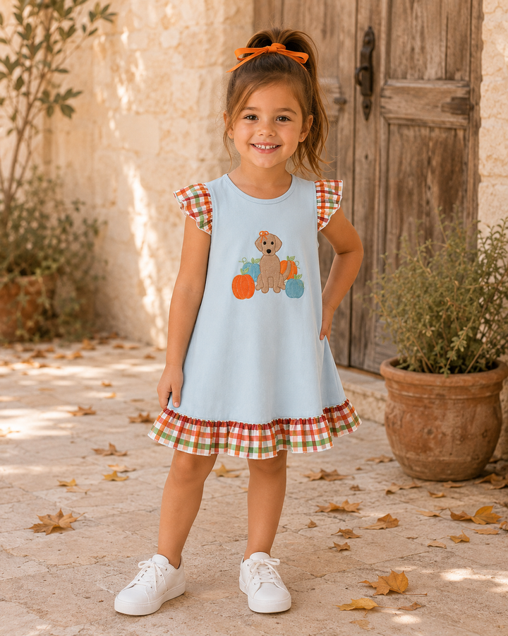 A young girl stands outdoors in front of a rustic wooden door and stone wall, wearing a light blue dress with red, green, and white gingham ruffle trim on the shoulders and hem, plus a pumpkin-and-dog graphic on the front. She is also wearing white sneakers and an orange hair bow.