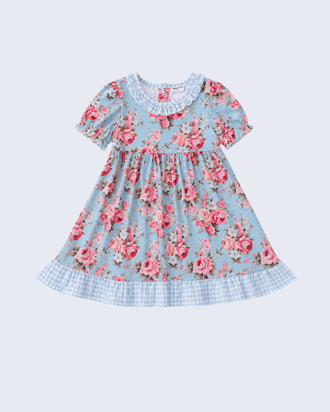 A light blue short-sleeve baby dress with a pink rose floral print, featuring a ruffled collar, smocked waist, and a blue-and-white gingham ruffled hem, shown on a light gray background.