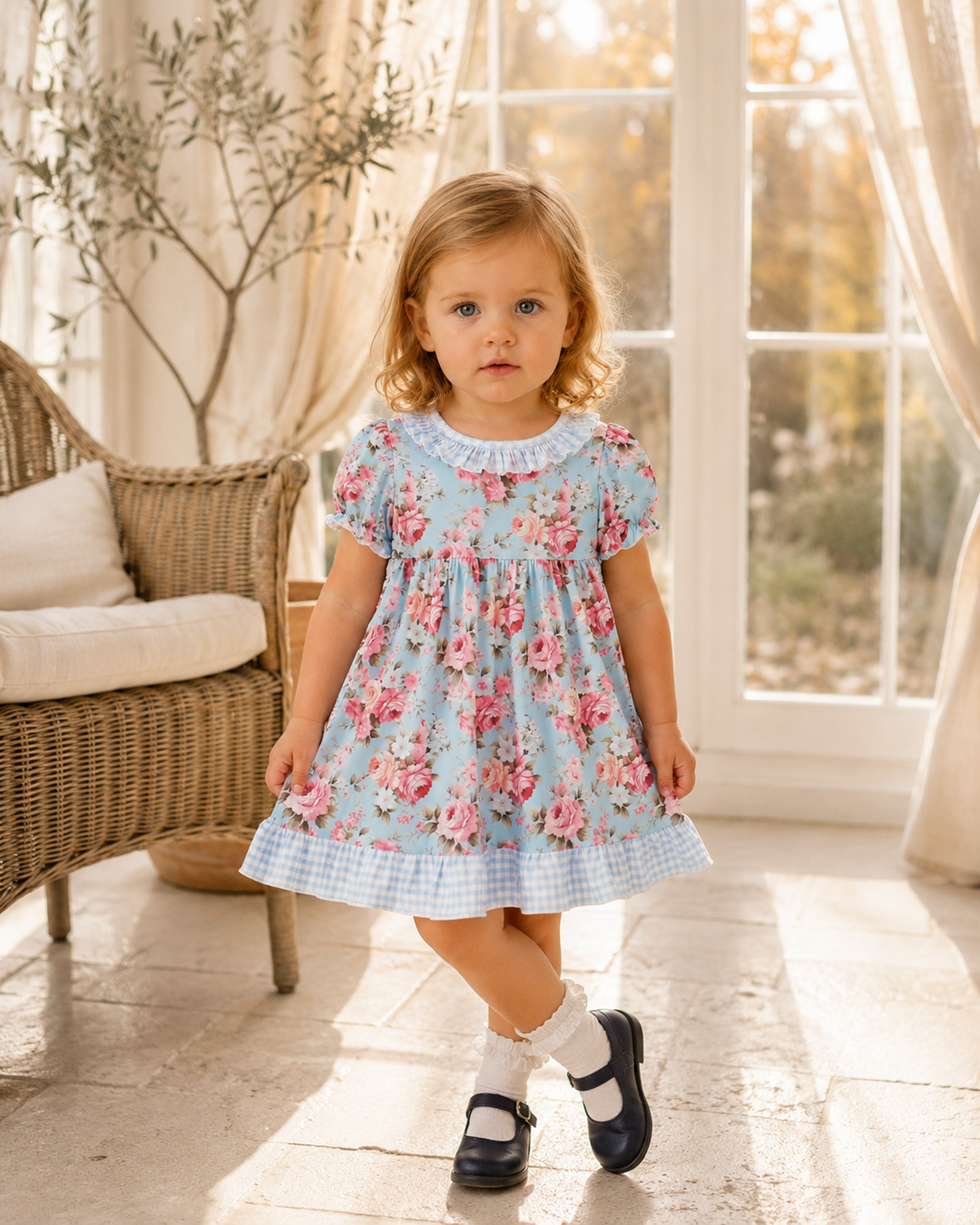 A toddler girl wearing a light blue floral dress with pink roses, a white ruffled collar, and a blue-and-white gingham hem, standing in a sunlit room with wicker furniture and large windows.