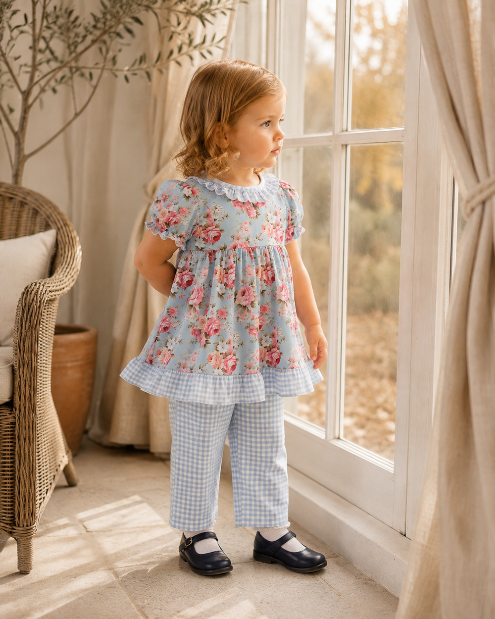 A young girl stands by a window wearing a light blue floral tunic top with ruffles and matching blue-and-white gingham pants. The room has warm neutral tones, a wicker chair, and a plant, with sunlight streaming in from the window.