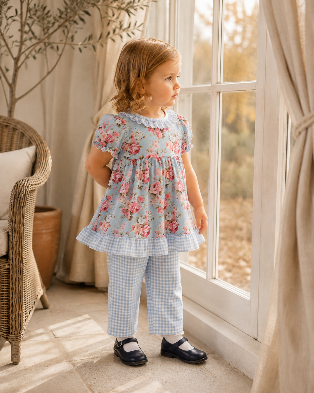 A young girl stands by a window wearing a light blue floral tunic top with ruffles and matching blue-and-white gingham pants. The room has warm neutral tones, a wicker chair, and a plant, with sunlight streaming in from the window.