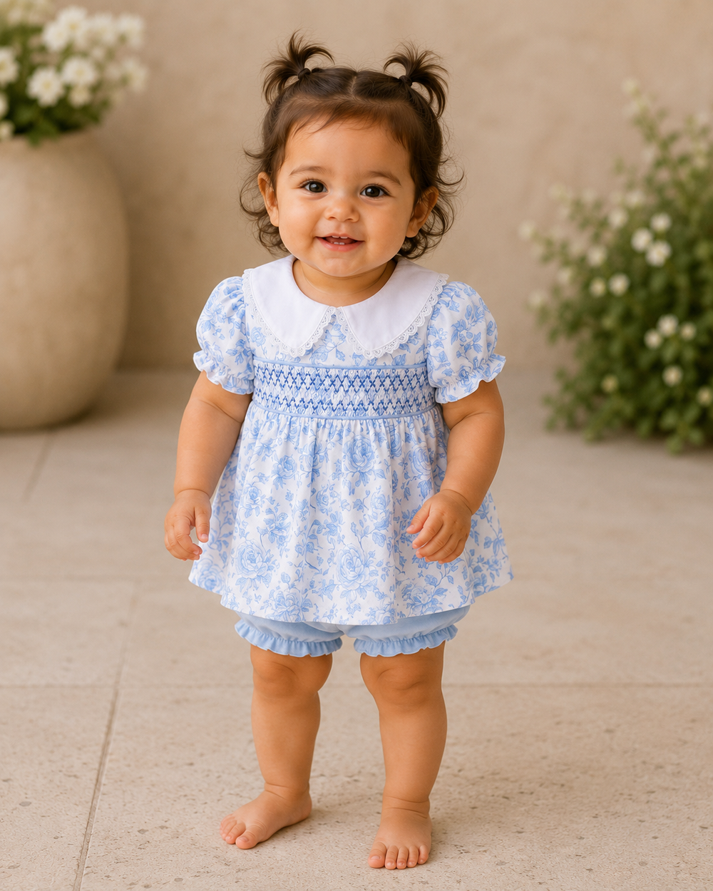 Baby in a blue floral dress standing on a tiled floor with plants in the background