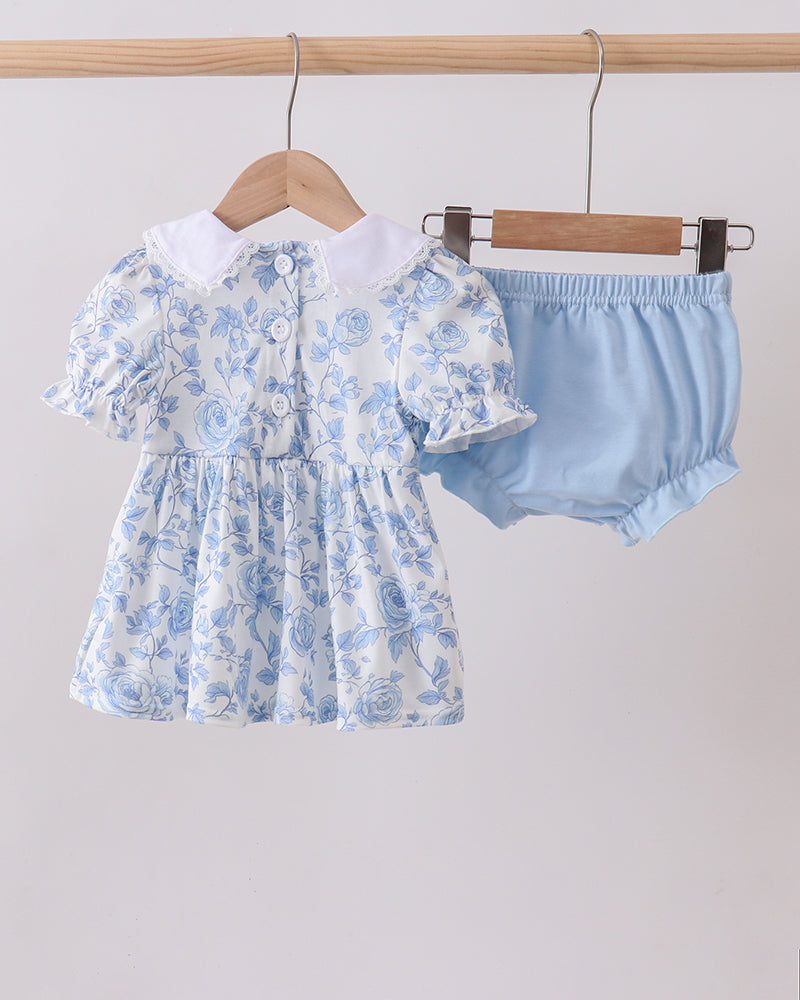 Blue Rose Smocked Bloomer Set on light grey background