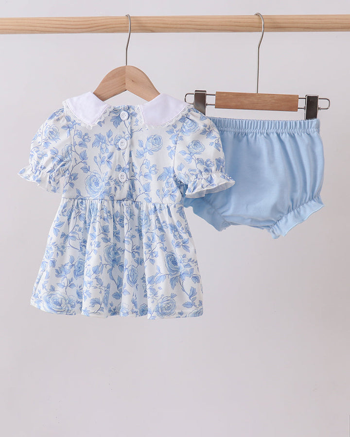 Blue Rose Smocked Bloomer Set on light grey background