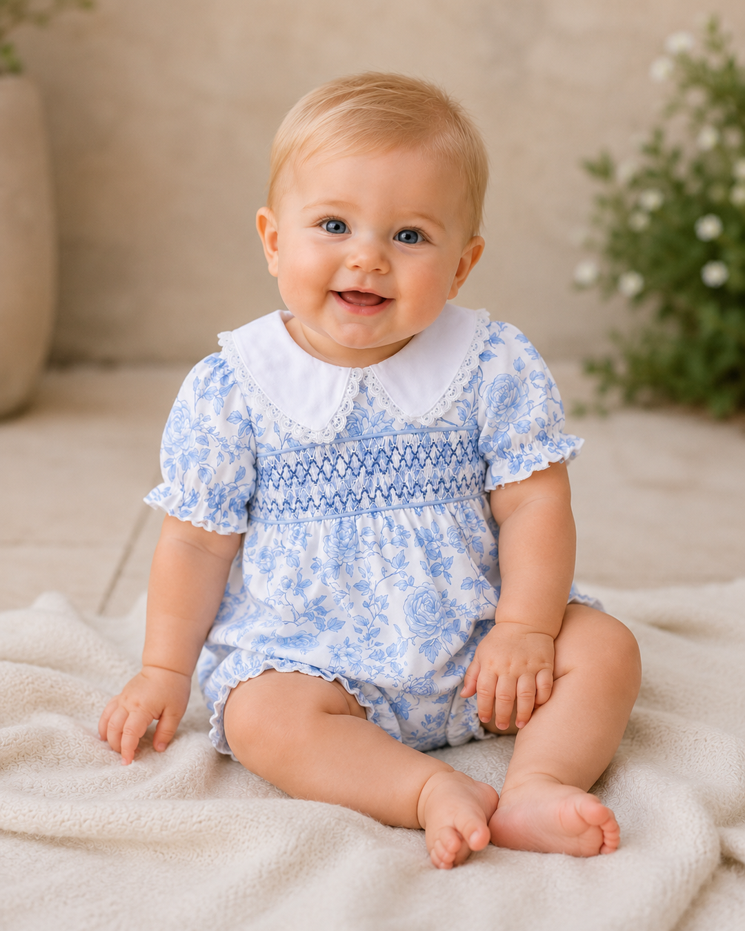 Baby wearing a blue floral dress sitting on a beige blanket with a neutral background