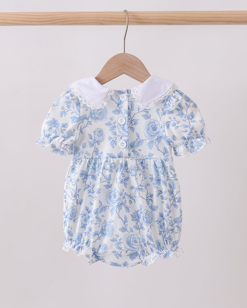 Blue Rose Smocked Bubble on grey background