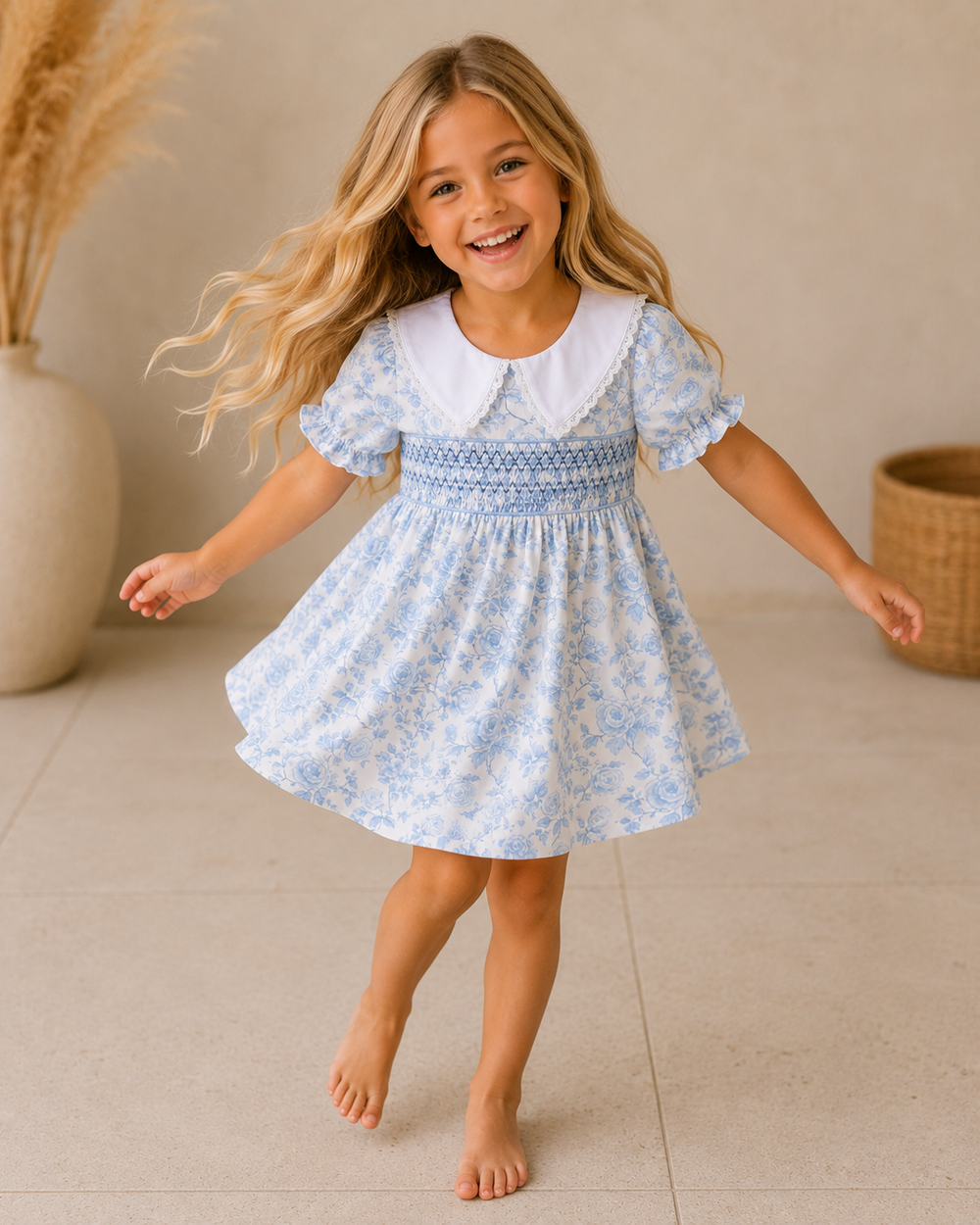 Young girl in a blue floral dress standing on a tiled floor with a neutral background