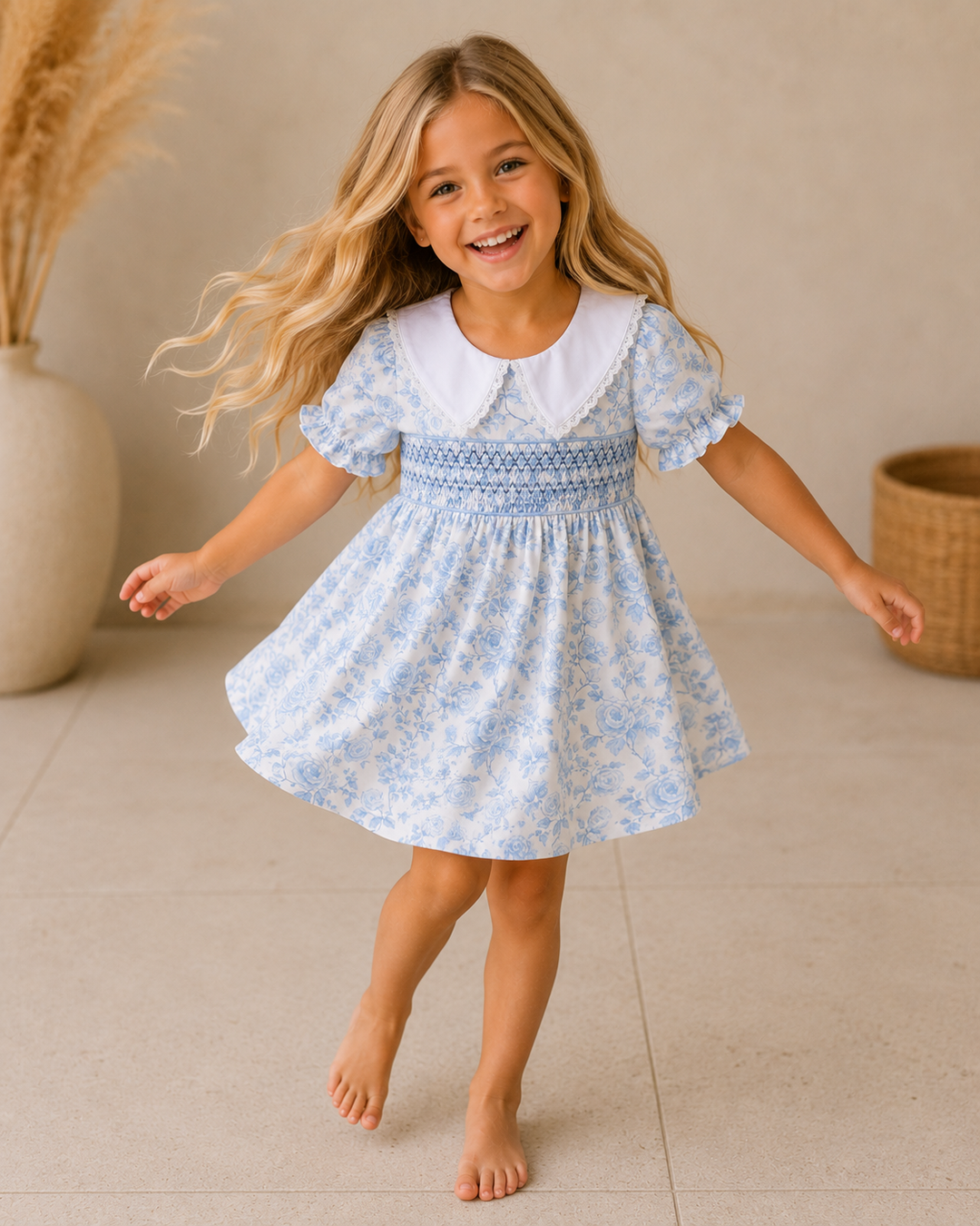 Young girl in a blue floral dress standing on a tiled floor with a neutral background
