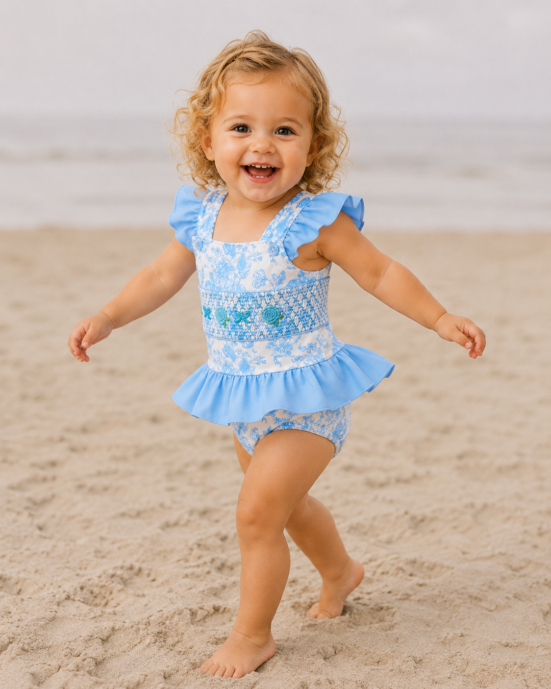 Child in a blue floral swimsuit on a sandy beach