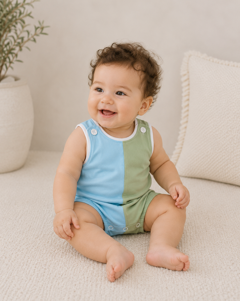 Baby boy sitting on floor wearing Blue & Sage Bubble