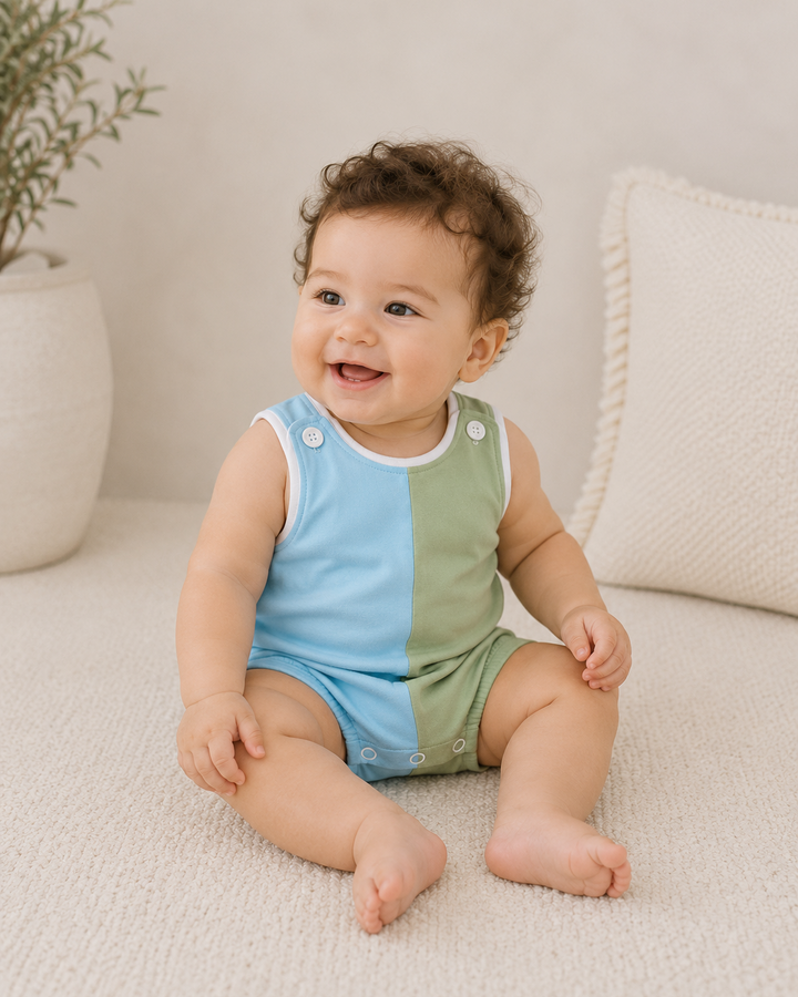 Baby boy sitting on floor wearing Blue &amp; Sage Bubble