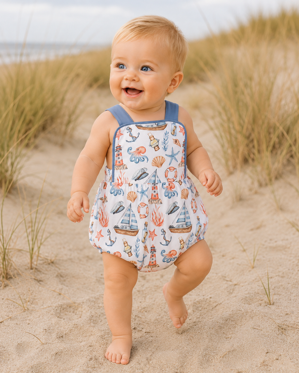 Baby boy is standing in the sand dynes