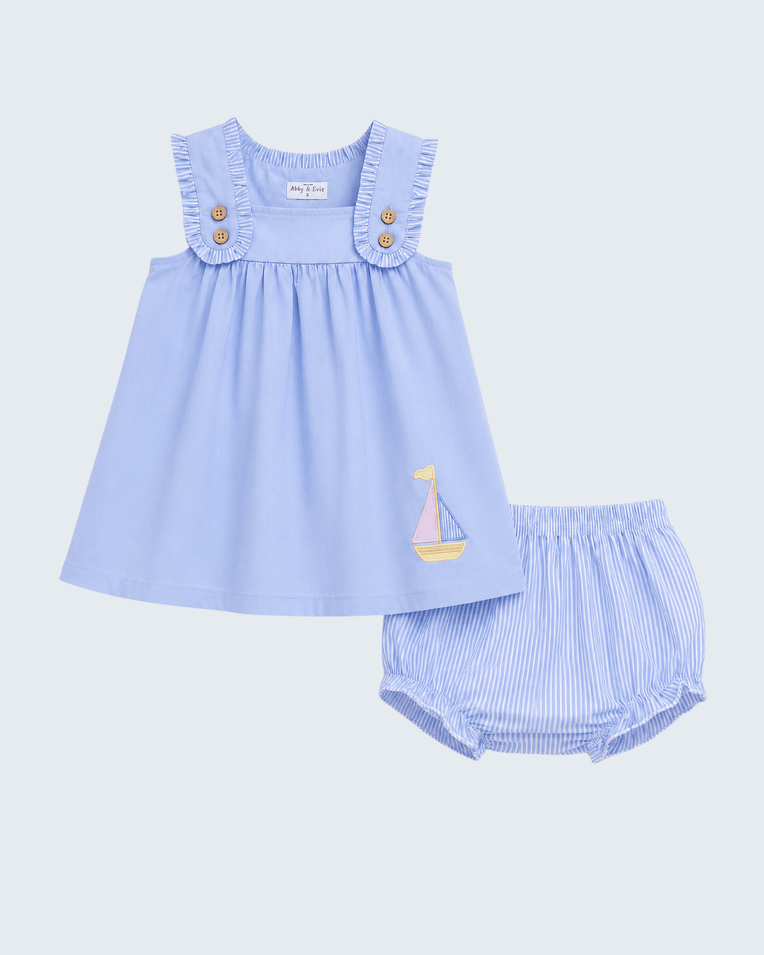 Light blue embroidered bloomer set with sleeveless ruffle dress and striped bloomer shorts