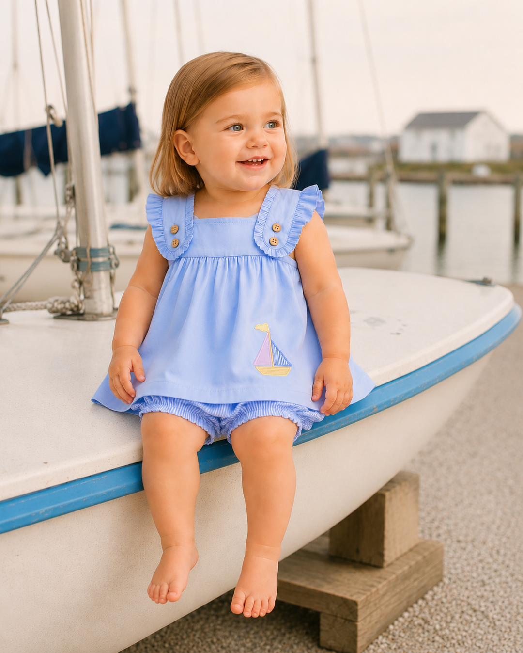 Light blue sailboat-stitched bloomer set on toddler: ruffled sleeveless top and striped shorts