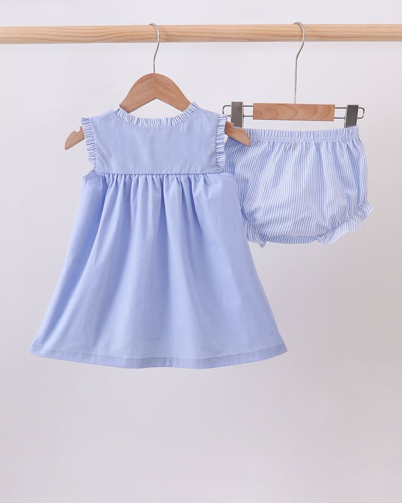 Light blue dress with matching striped bloomer set, gathered neckline and ruffle sleeves