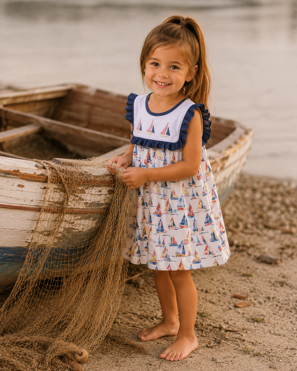 Young girl standing by a wooden rowboat