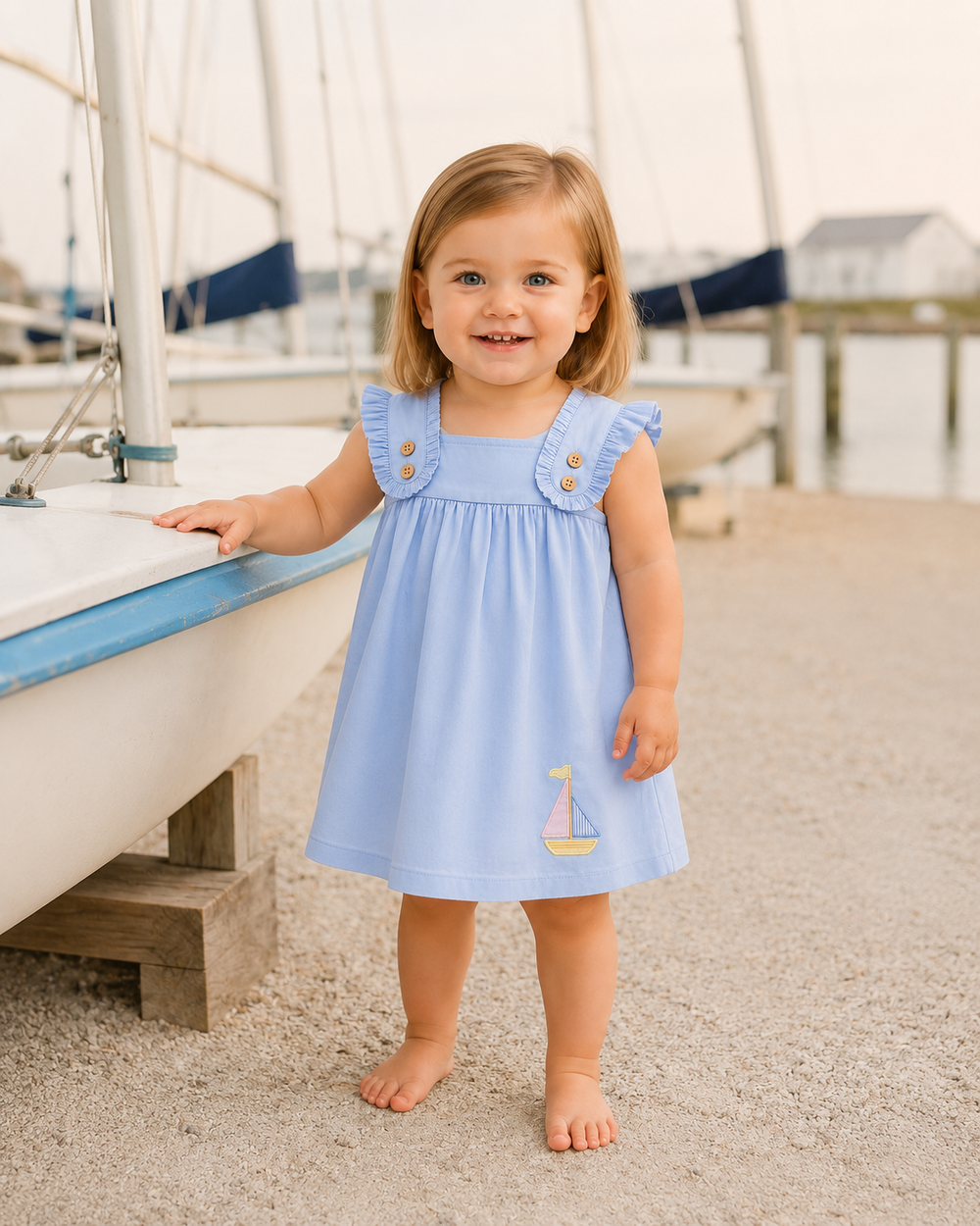 Light blue sleeveless ruffle-shoulder dress with sailboat patch and button details