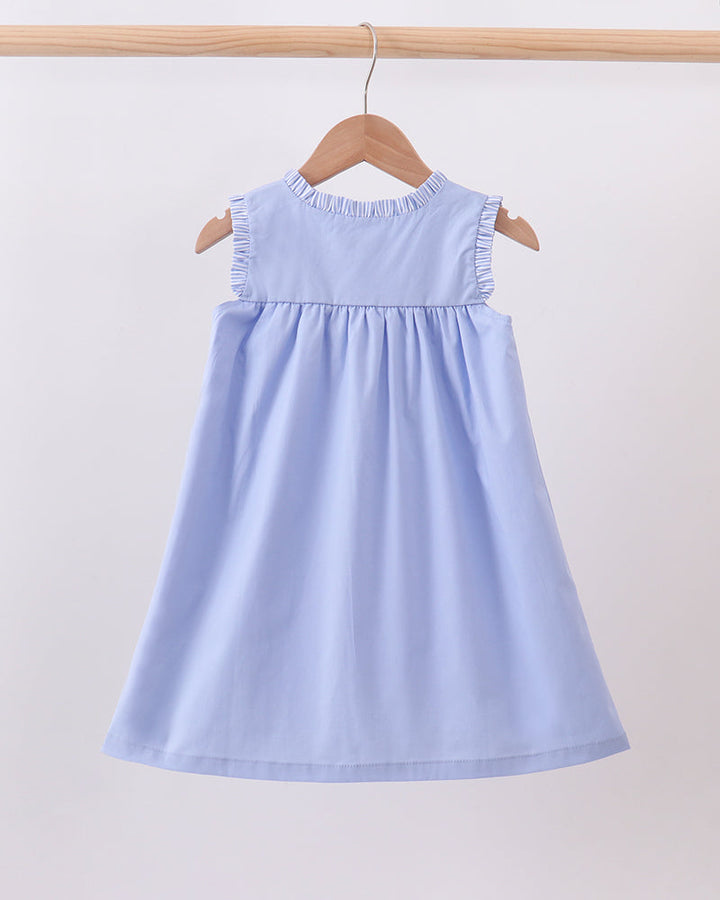 Light blue sleeveless embroidered dress with yoke ruffles and full skirt