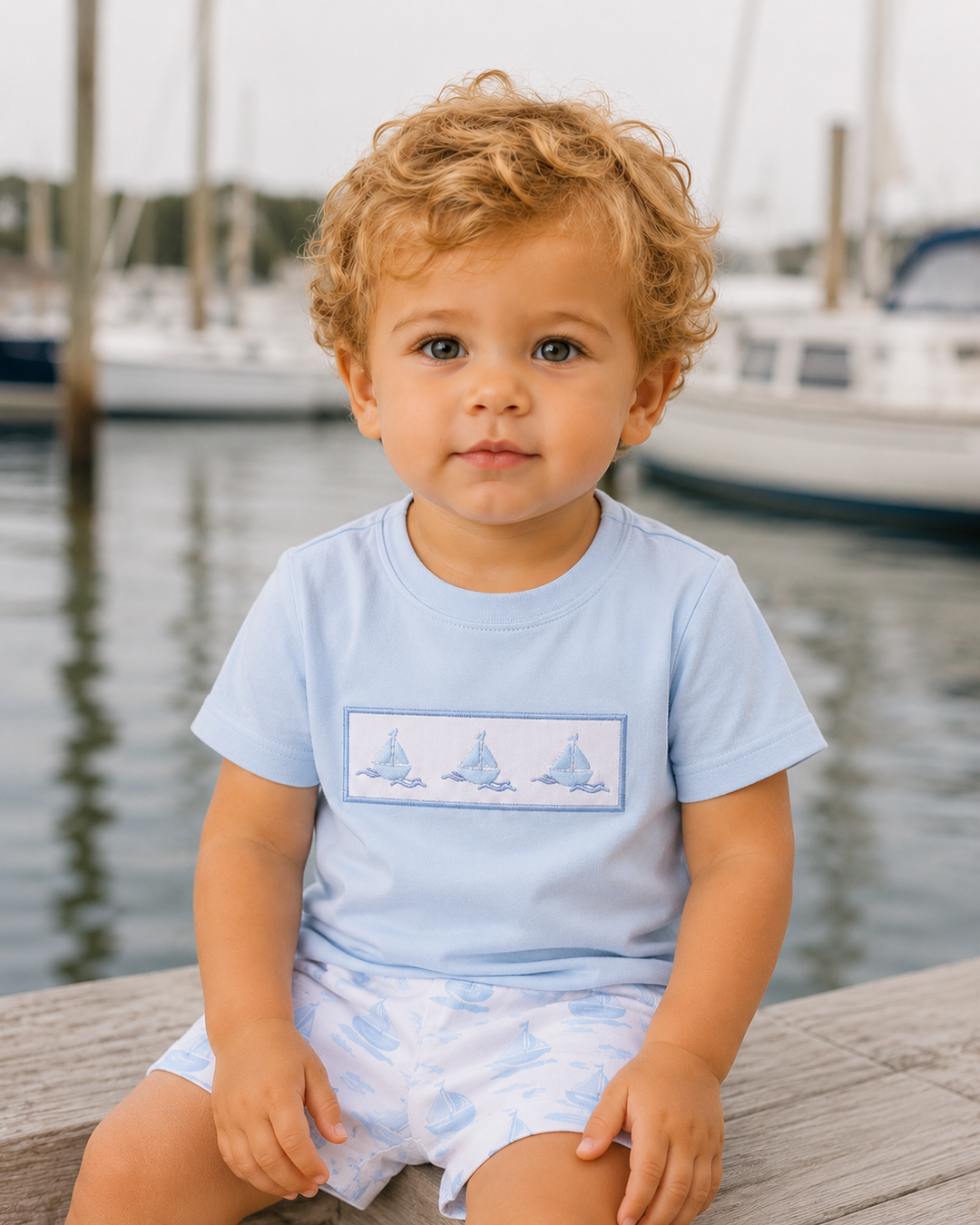 Child wearing a light blue shirt with sailboat design and white shorts sitting on a dock with boats in the background.