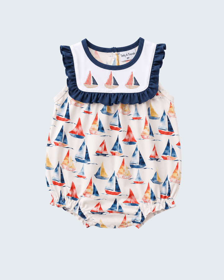 Blue Sailboat Embroidered Ruffle Bubble on blue background