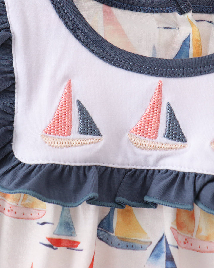 Sailboat embroidered and printed romper
