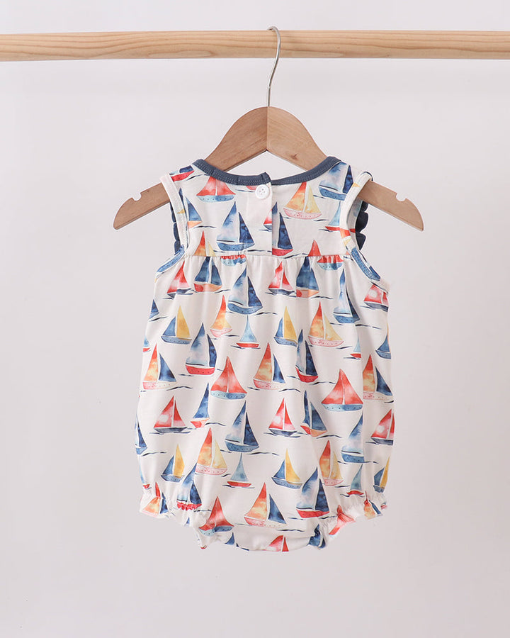 Blue Sailboat Embroidered Ruffle Bubble o wooden hanger