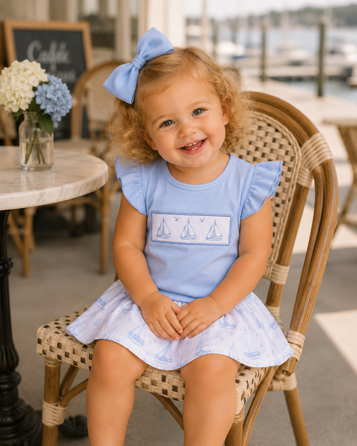 Light blue toddler skorts set with embroidered sailboat top and sailboat-print skirt