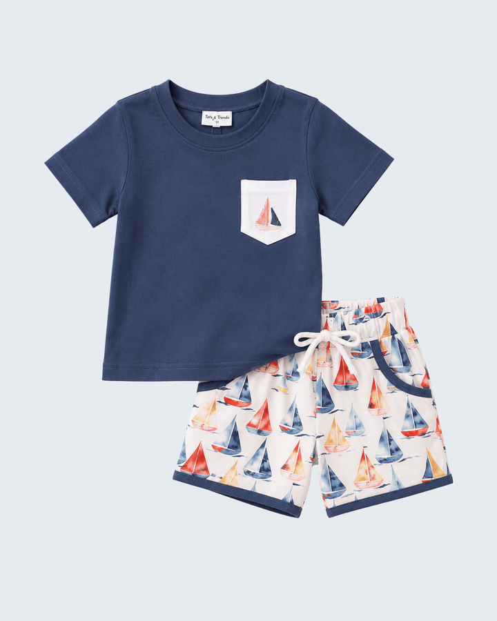 Blue Sailboat Print Shorts Set on light blue background