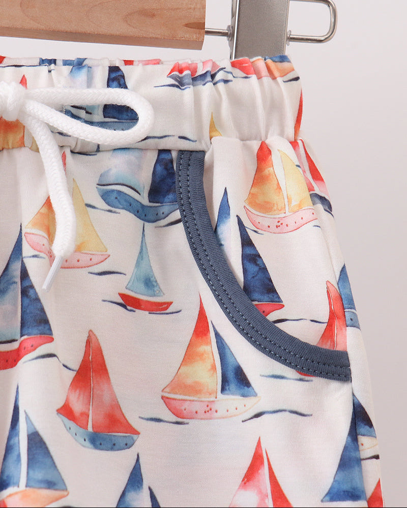 Sailboat printed shorts on hanger