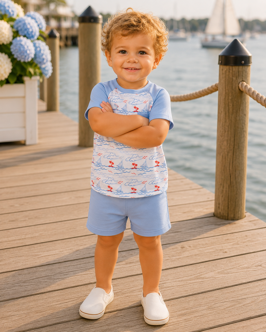 Child wearing a blue shirt with a boat pattern and shorts standing on a dock by water.