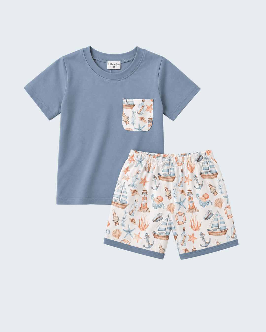 Blue Sailboat Shorts Set