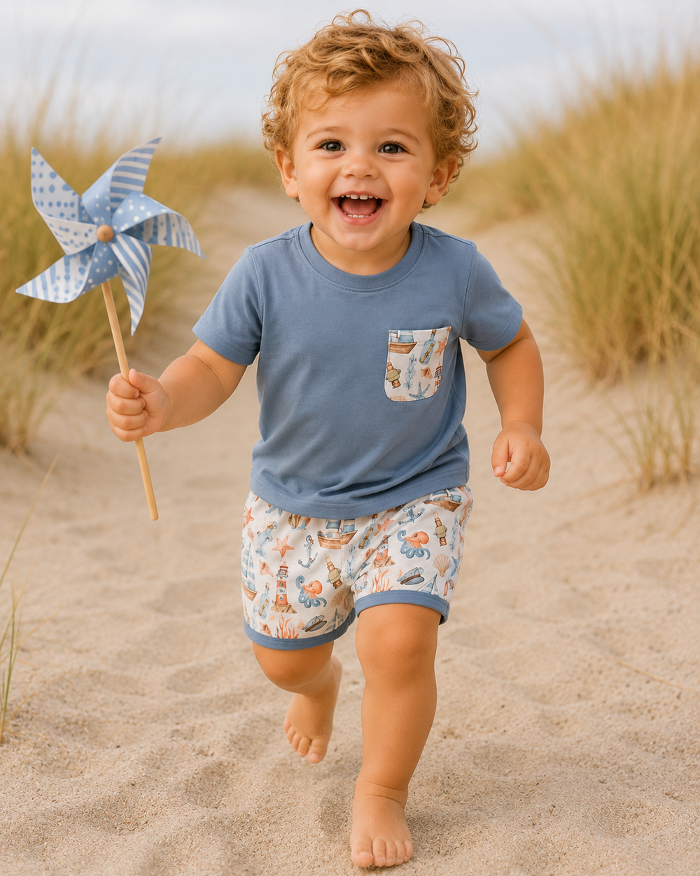 Toddler running in the sand dunes. He is holding a pin wheel. 