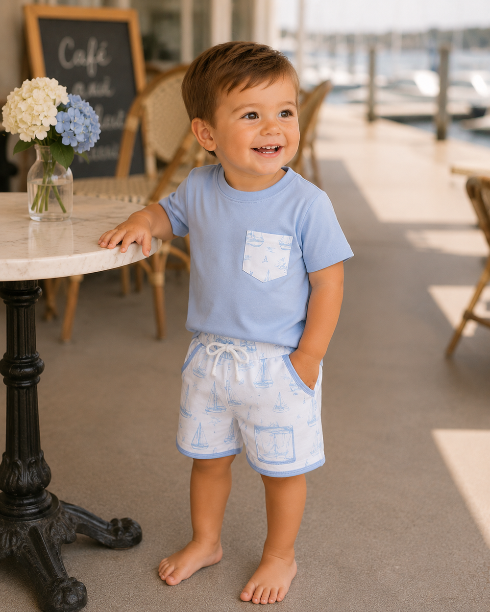 Child in light blue sailboat T-shirt and white printed drawstring shorts set