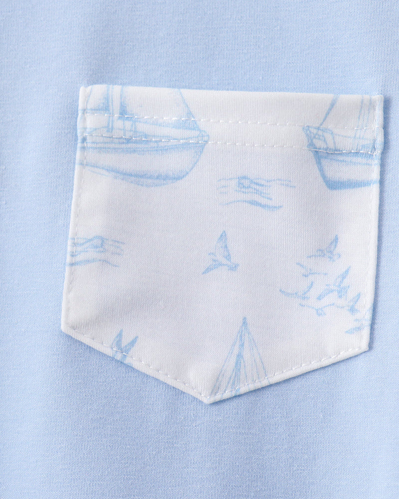 Sailboat print shorts pocket detail with light blue border