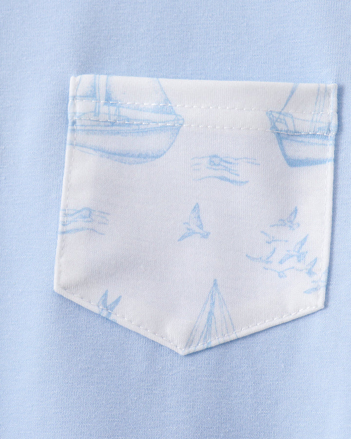 Sailboat print shorts pocket detail with light blue border